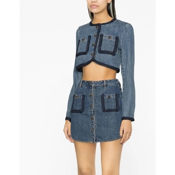 Self Portrait Skirt Button Front Pockets Embellished Blue Jean Skirt - Picture 2 of 16